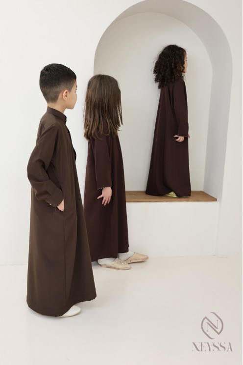 Abaya Dubaï brown puffed sleeves, mother/daughter look for Eid 2025