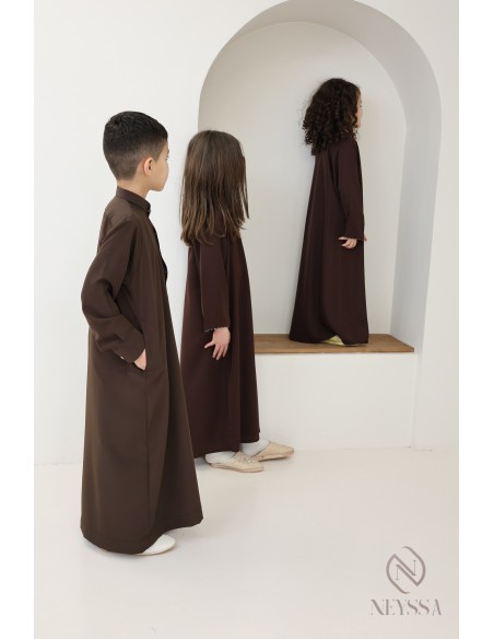 Braune Abaya Dubai mit Puffärmeln, Mutter/Tochter-Look für Eid 2025