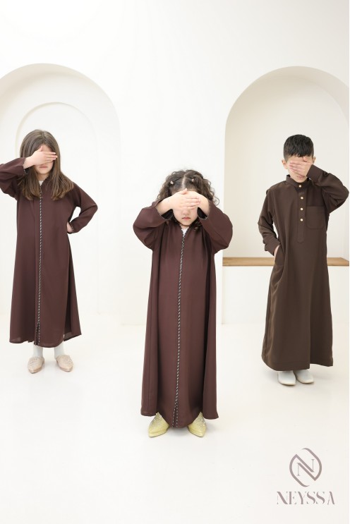 Braune Abaya Dubai mit Puffärmeln, Mutter/Tochter-Look für Eid 2025