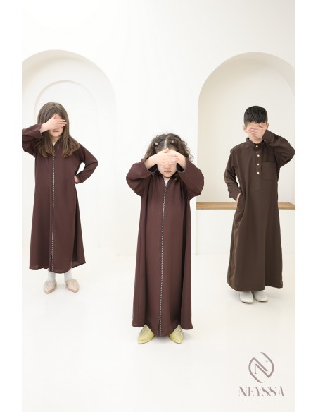 Abaya Dubaï marron manches bouffantes, look mère/fille pour l'Aïd 2025