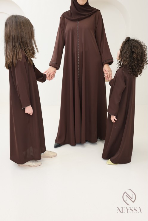 Braune Abaya Dubai mit Puffärmeln, Mutter/Tochter-Look für Eid 2025