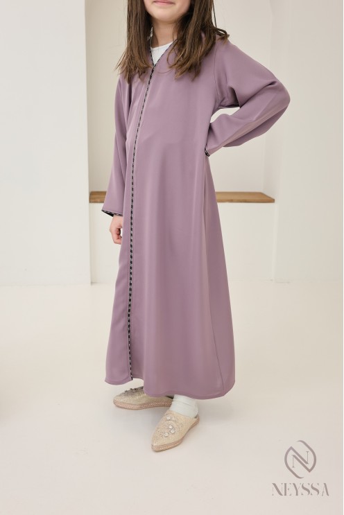 Abaya Dubaï mauve long flared cut with rhinestones, Mother/daughter