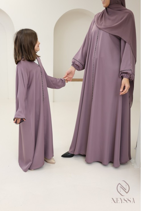 Abaya Dubaï mauve long flared cut with rhinestones, Mother/daughter