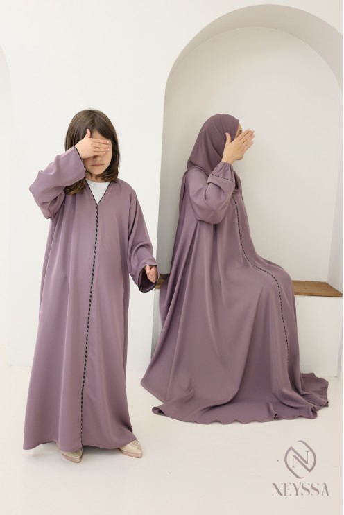 Abaya Dubaï mauve long flared cut with rhinestones, Mother/daughter