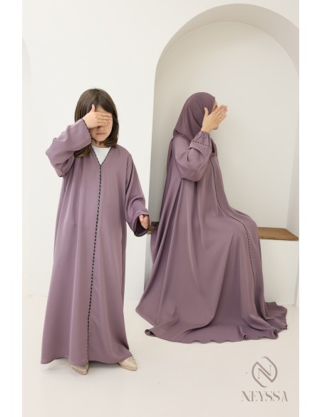 Abaya Dubaï mauve long flared cut with rhinestones, Mother/daughter
