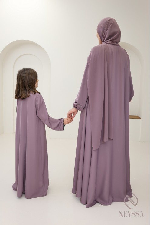 Abaya Dubaï mauve long flared cut with rhinestones, Mother/daughter