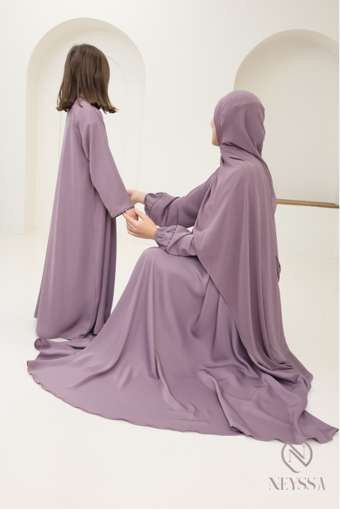 Abaya Dubaï mauve long flared cut with rhinestones, Mother/daughter
