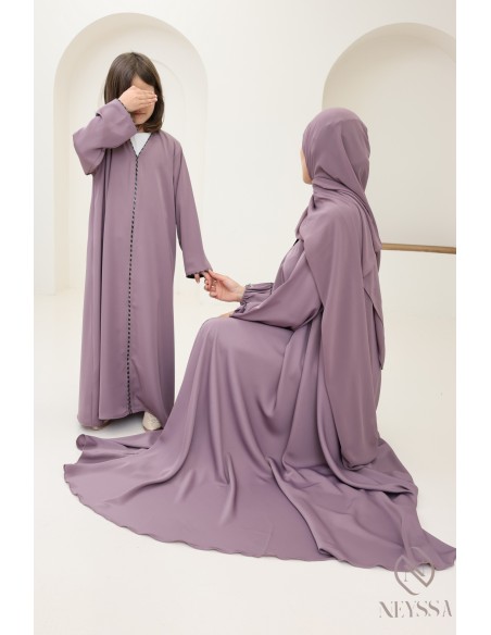 Abaya Dubaï mauve long flared cut with rhinestones, Mother/daughter
