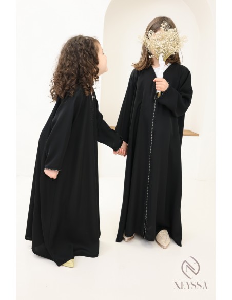 Abaya Dubaï noir évasée, idée tenue mère fille modeste pour l'Aïd