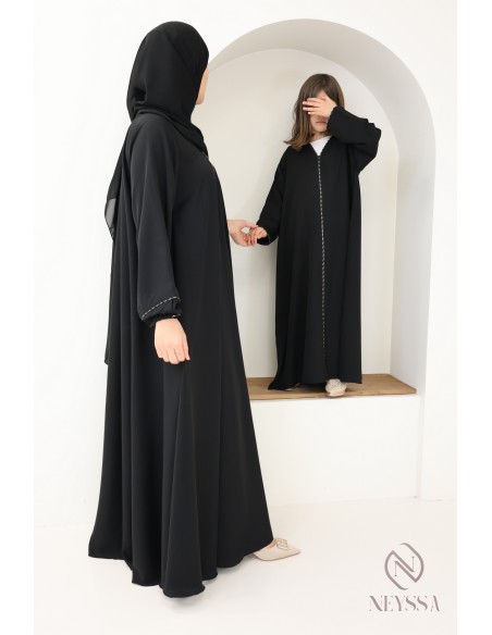 Abaya Dubaï noir évasée, idée tenue mère fille modeste pour l'Aïd
