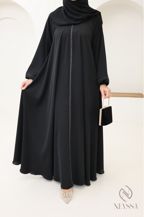 Black flared Dubai abaya, modest mother-daughter outfit idea for Eid