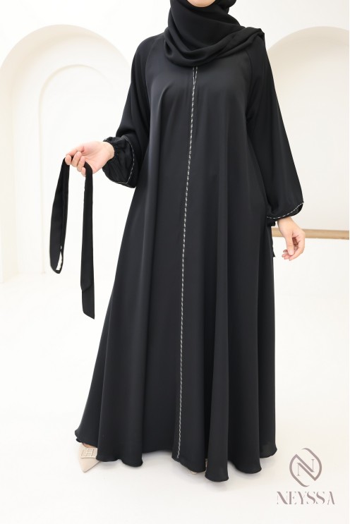 Abaya Dubaï noir évasée, idée tenue mère fille modeste pour l'Aïd