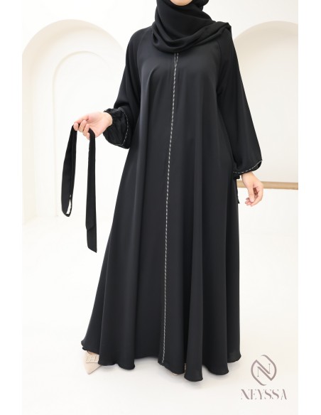 Abaya Dubaï noir évasée, idée tenue mère fille modeste pour l'Aïd
