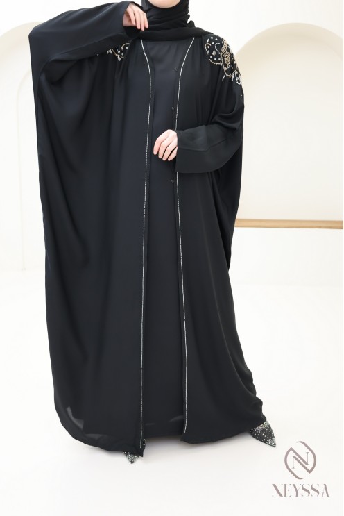 Abaya kimono Dubai black with luxury beads, Eid hijabi outfit
