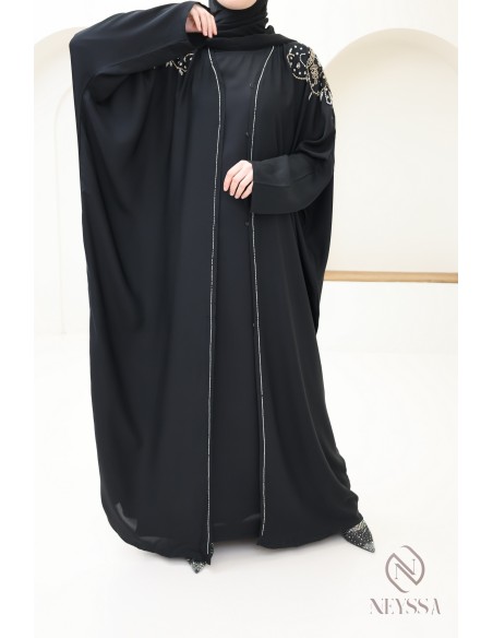 Abaya kimono Dubai black with luxury beads, Eid hijabi outfit