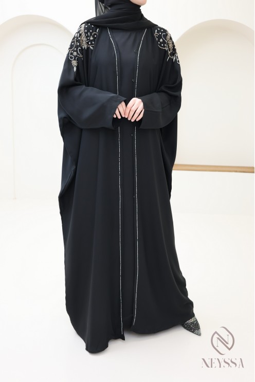 Abaya kimono Dubaï noire avec perles luxe, tenue Aïd hijabi