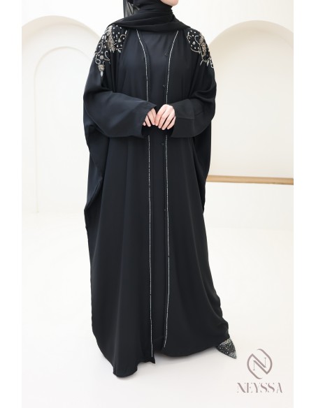 Abaya kimono Dubaï noire avec perles luxe, tenue Aïd hijabi