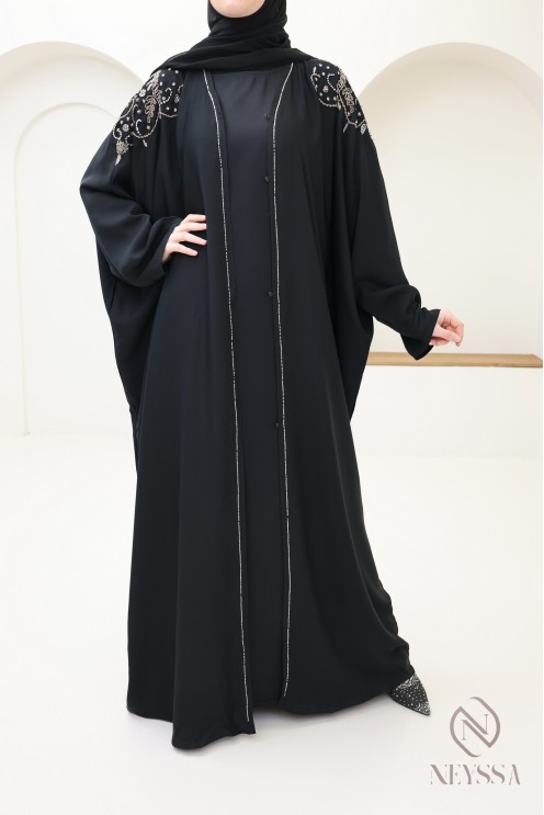 Abaya kimono Dubai black with luxury beads, Eid hijabi outfit