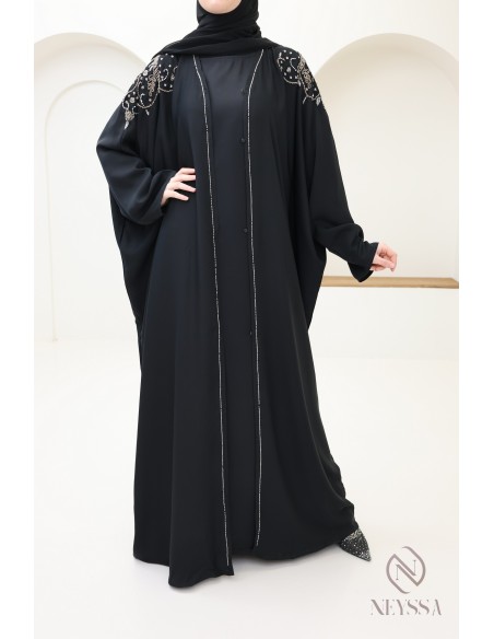 Abaya kimono Dubai black with luxury beads, Eid hijabi outfit