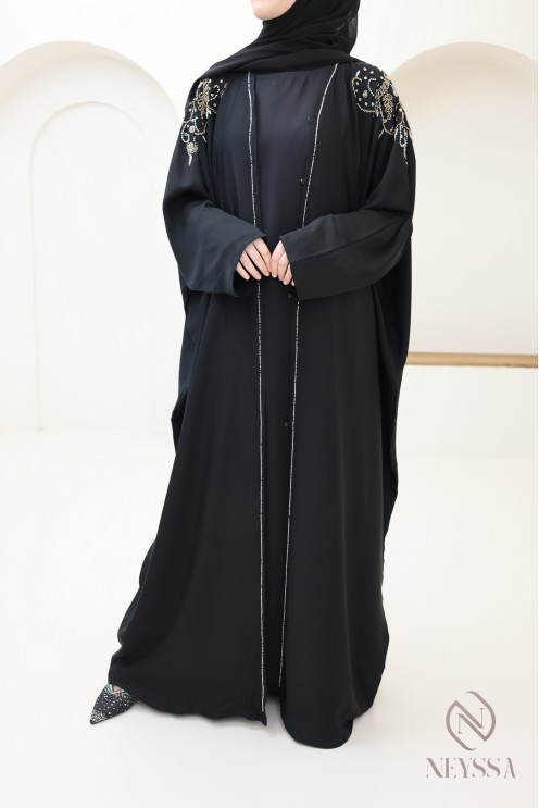 Abaya kimono Dubaï noire avec perles luxe, tenue Aïd hijabi