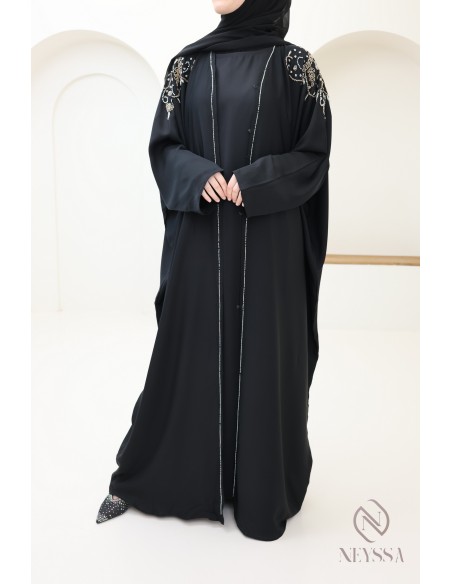 Abaya kimono Dubaï noire avec perles luxe, tenue Aïd hijabi