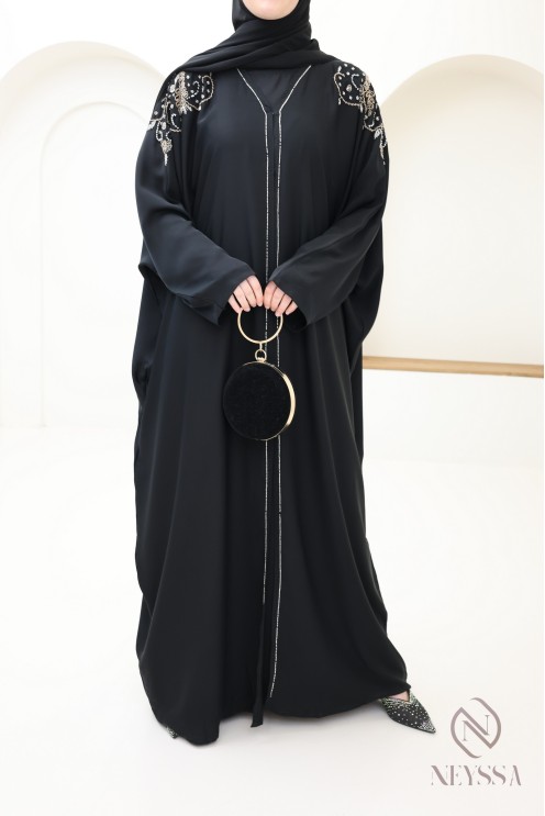 Abaya kimono Dubaï noire avec perles luxe, tenue Aïd hijabi