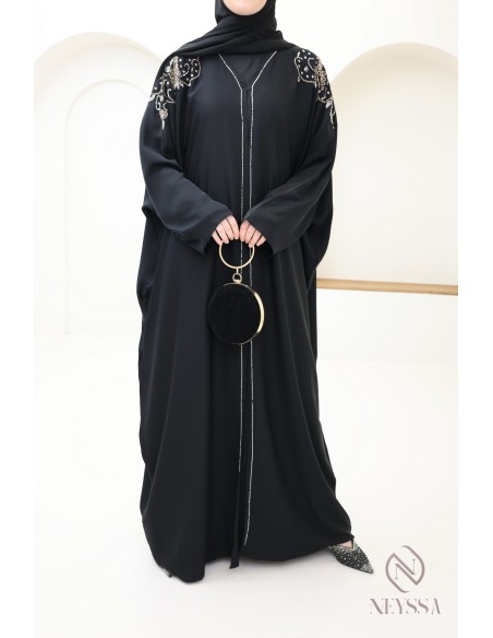 Abaya kimono Dubaï noire avec perles luxe, tenue Aïd hijabi
