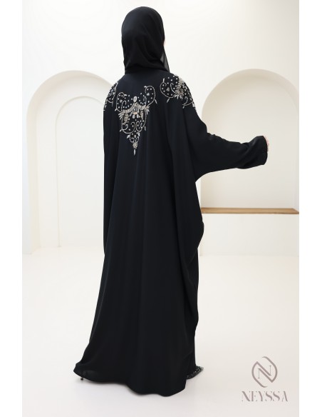 Abaya kimono Dubaï noire avec perles luxe, tenue Aïd hijabi
