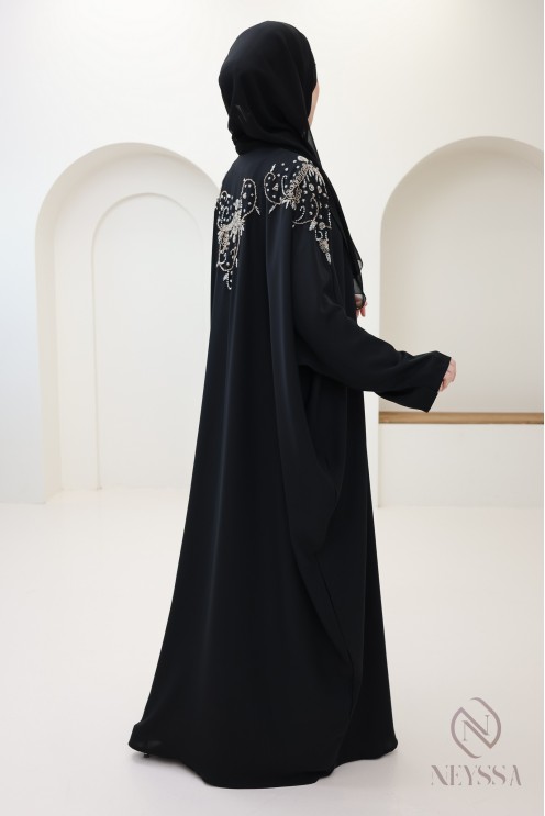 Abaya kimono Dubai black with luxury beads, Eid hijabi outfit