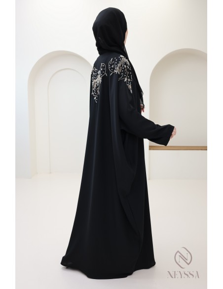 Abaya kimono Dubaï noire avec perles luxe, tenue Aïd hijabi