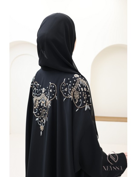 Abaya kimono Dubaï noire avec perles luxe, tenue Aïd hijabi