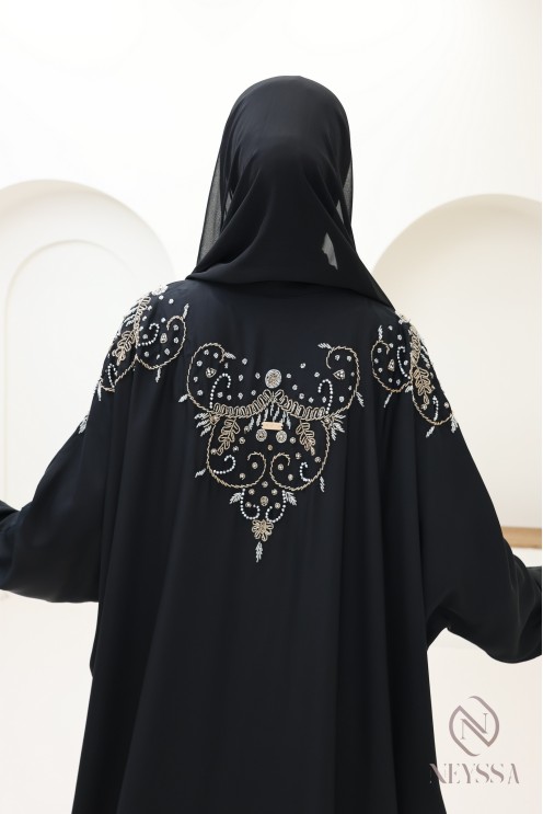 Abaya kimono Dubaï noire avec perles luxe, tenue Aïd hijabi