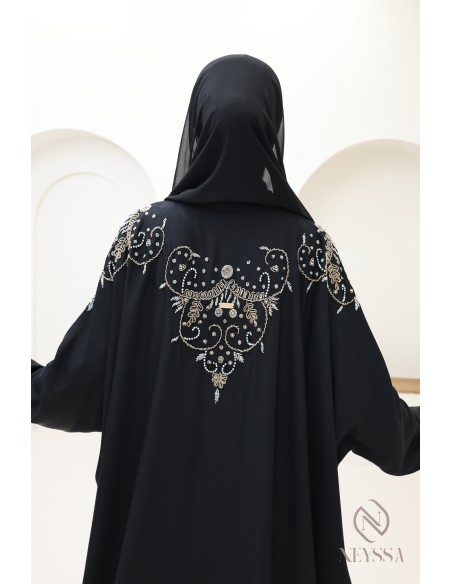 Abaya kimono Dubaï noire avec perles luxe, tenue Aïd hijabi