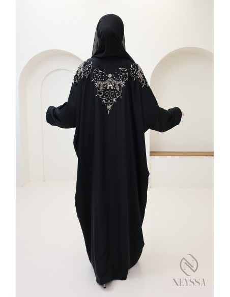Abaya kimono Dubai black with luxury beads, Eid hijabi outfit