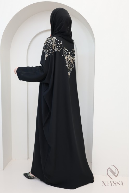 Abaya kimono Dubaï noire avec perles luxe, tenue Aïd hijabi