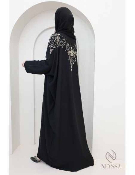 Abaya kimono Dubaï noire avec perles luxe, tenue Aïd hijabi