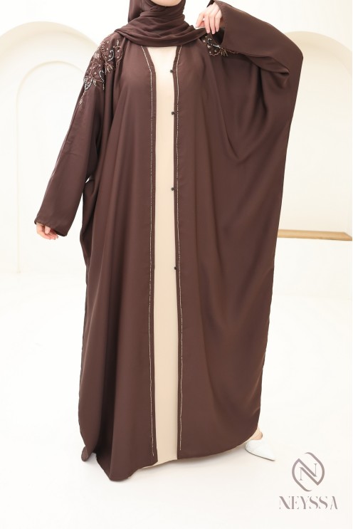 Abaya Kimono Dubai mit Perlen braun Frauenkleidung Hijabi