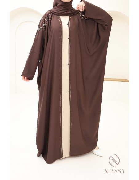 Abaya kimono Dubaï perlés marron tenue femme hijabi