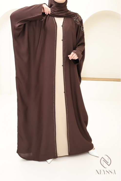 Abaya kimono Dubai brown beaded hijabi women's wear