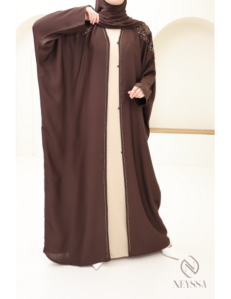 Abaya kimono Dubaï perlés marron tenue femme hijabi