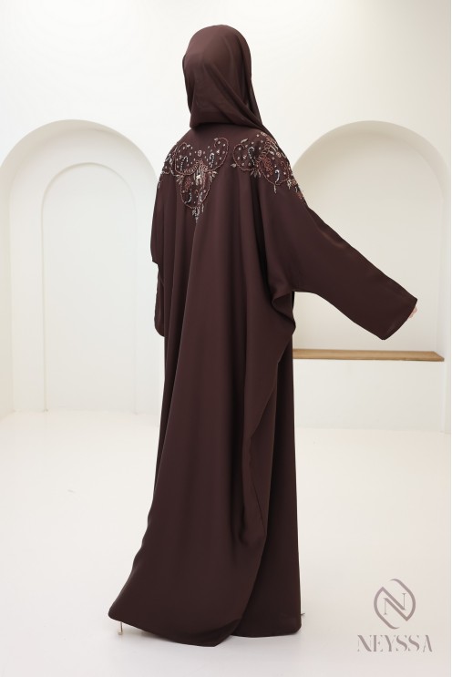 Abaya Kimono Dubai mit Perlen braun Frauenkleidung Hijabi
