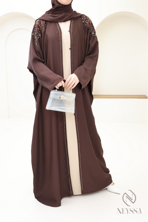 Abaya kimono Dubai brown beaded hijabi women's wear