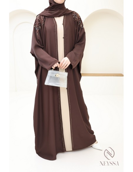 Abaya Kimono Dubai mit Perlen braun Frauenkleidung Hijabi