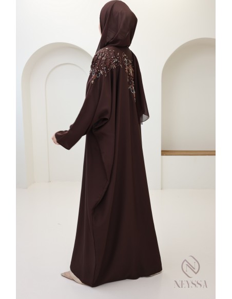 Abaya Kimono Dubai mit Perlen braun Frauenkleidung Hijabi