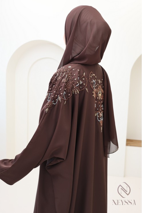 Abaya kimono Dubaï perlés marron tenue femme hijabi
