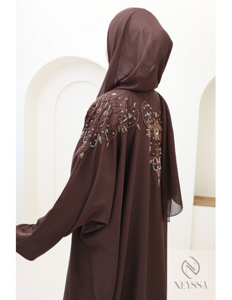 Abaya kimono Dubaï perlés marron tenue femme hijabi