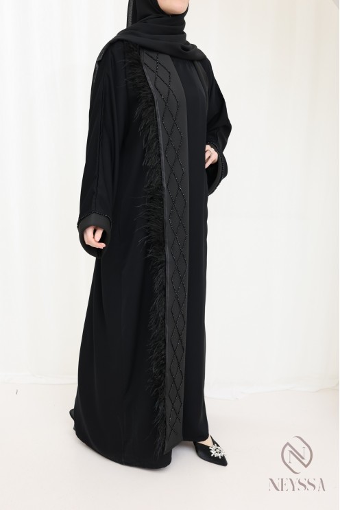 Abaya kimono Dubaï noire perlés à plumes chic pour femme hijabi