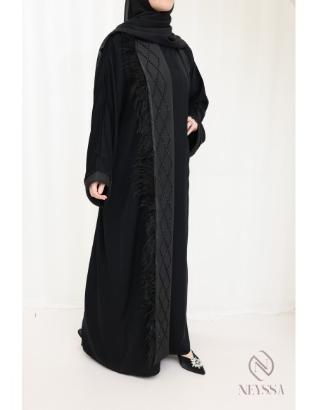 Kimono-Abaya Dubai schwarz mit Perlen und Federn chic Hijabi-Frauen