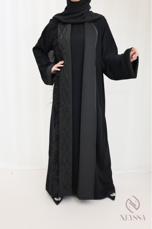 Abaya kimono Dubai black beaded feather chic women's hijabi