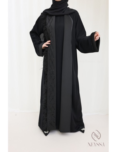 Abaya kimono Dubai black beaded feather chic women's hijabi